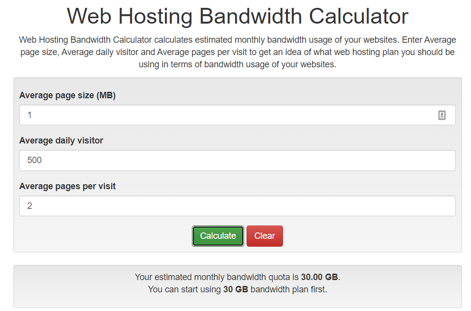 Web Hosting Bandwith Calculator